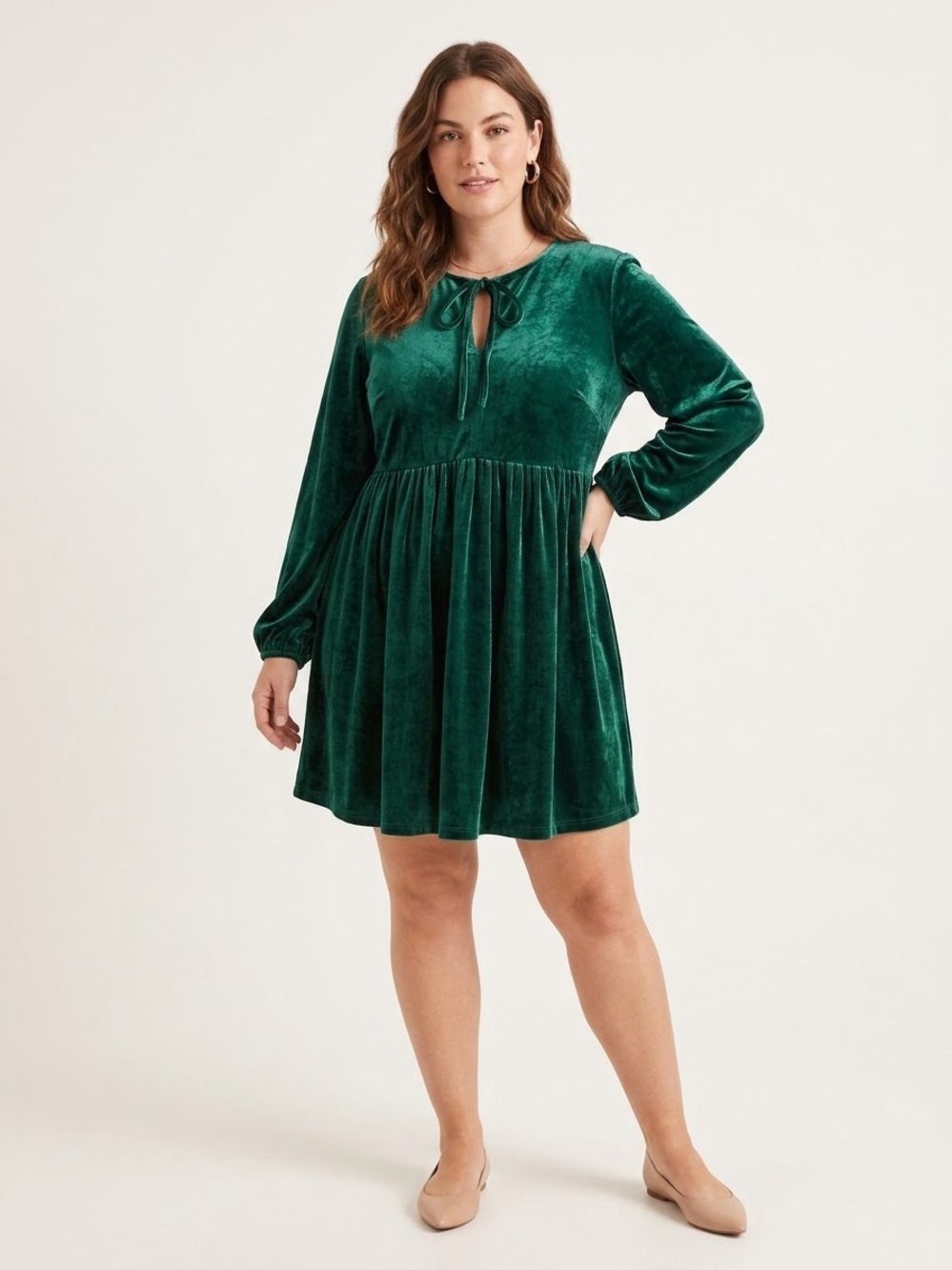 Shop Stevie Velvet Tie-Neck Mini Dress in Emerald